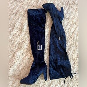Catherine Malandrino Navy Blue Crush Velvet Over-the-Knee Boots